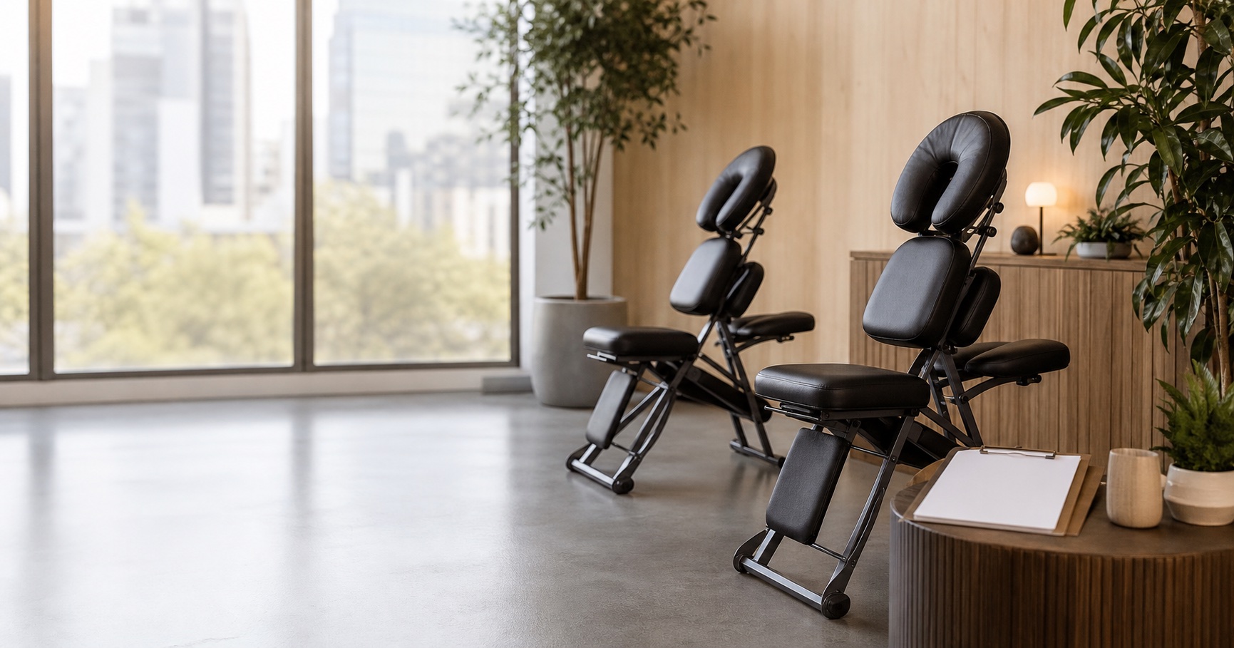 A professional chair massage setup prepared inside a modern office wellness space.
