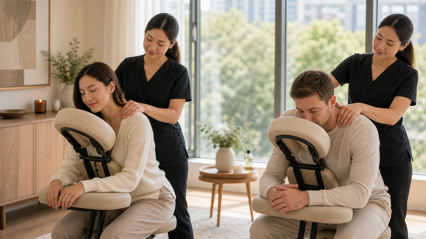 Two guests receiving a coordinated side-by-side massage session in Vancouver.