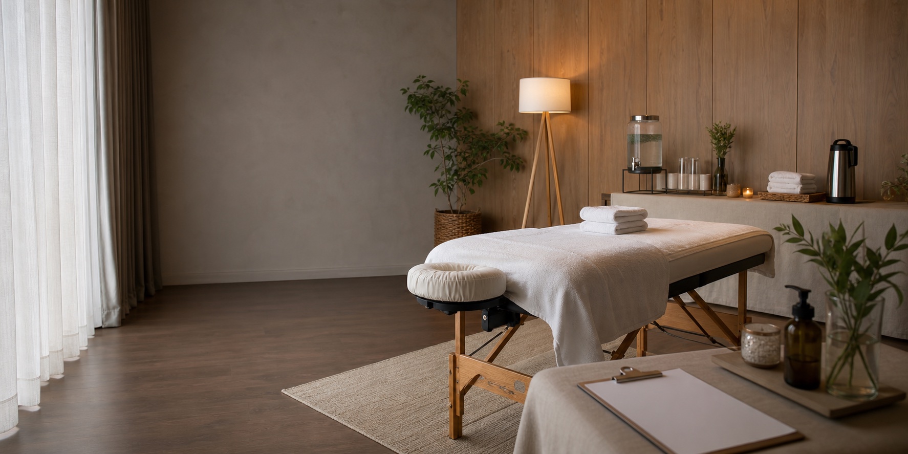 A professional event massage setup prepared for a Vancouver retreat or team gathering.