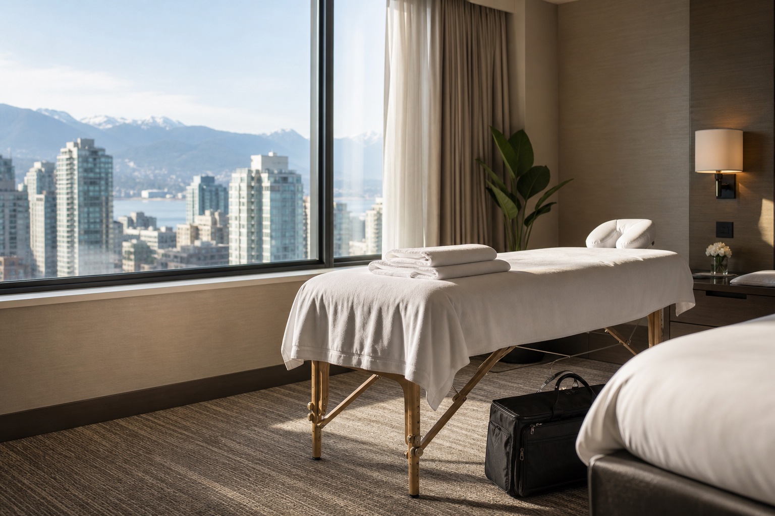 A mobile massage table set up inside an upscale Vancouver hotel suite.