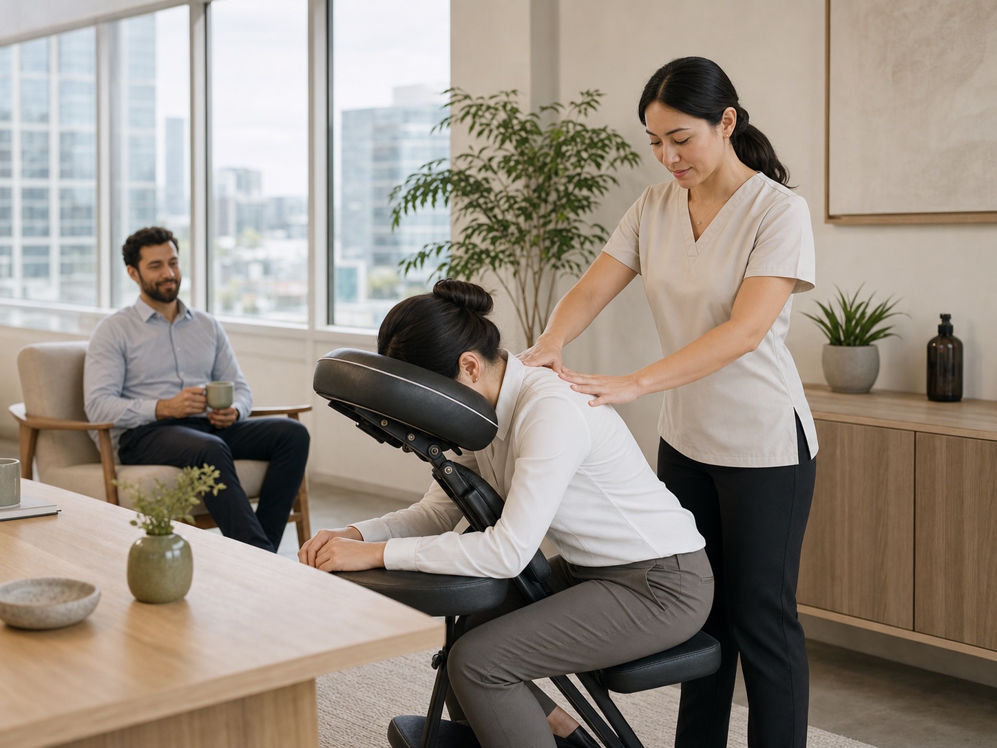 A professional chair massage setup inside a modern office wellness space.