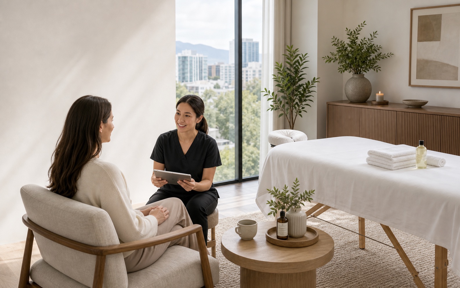A professional therapist discussing appointment details with a client before a session.