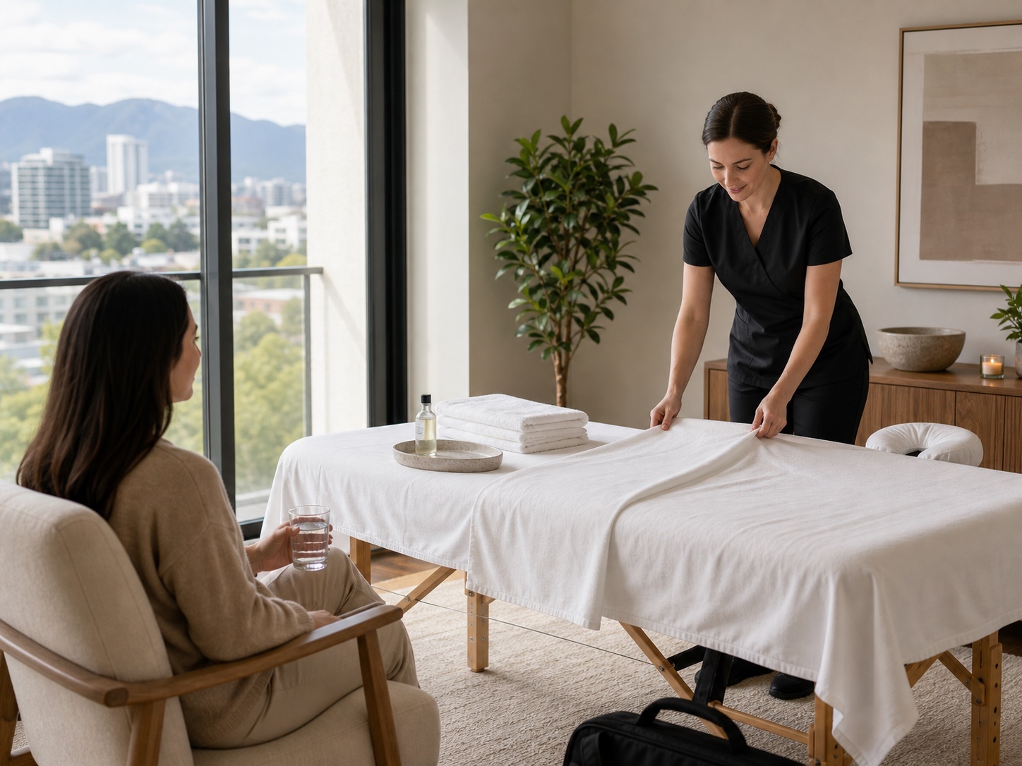 A therapist preparing an in-home massage setup in natural light.