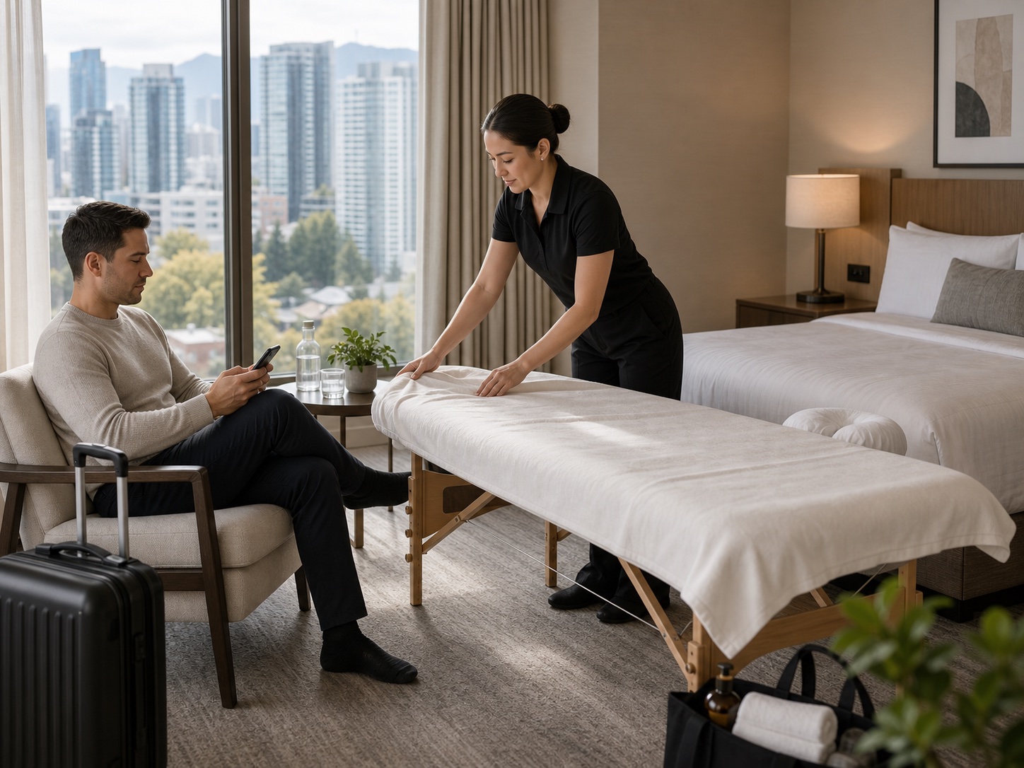 A mobile massage table set up in an upscale Vancouver hotel suite.
